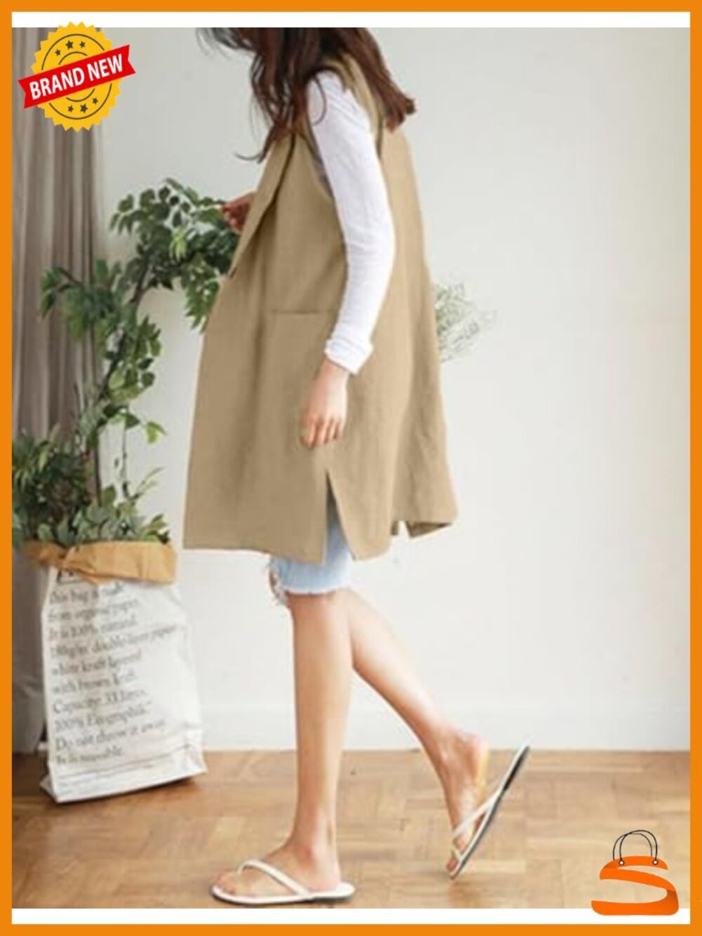 Sleeveless Notch Lapel Linen Vest Blazer Coat with Pockets - Picture 3 of 3